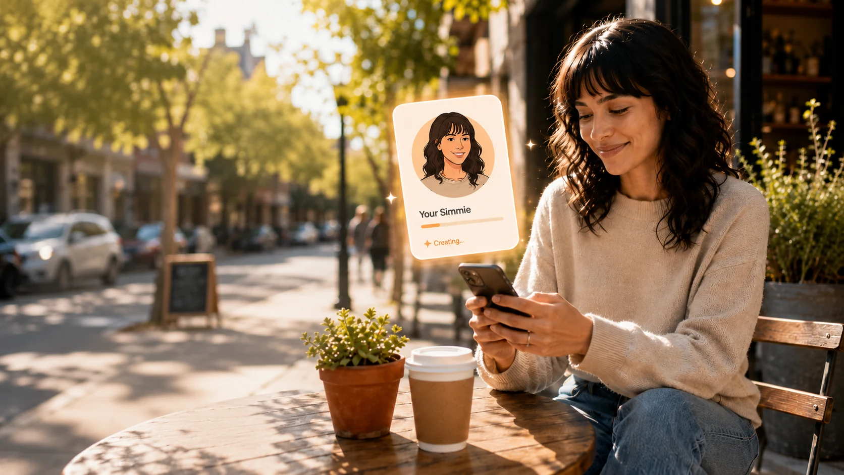 A woman creates her Simmie on her phone at a sunny café