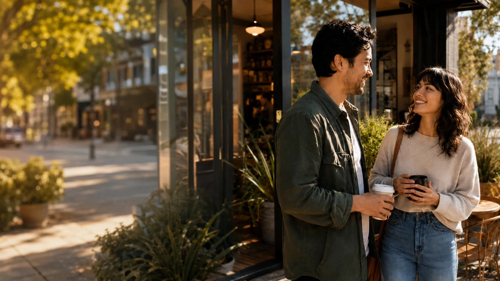 The real couple meets outside a coffee shop, laughing