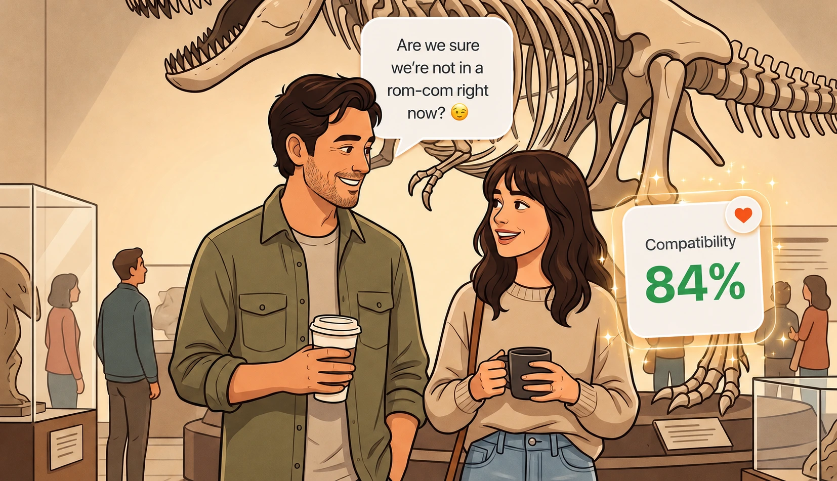 Two Simmies on a simulated date with 84% compatibility