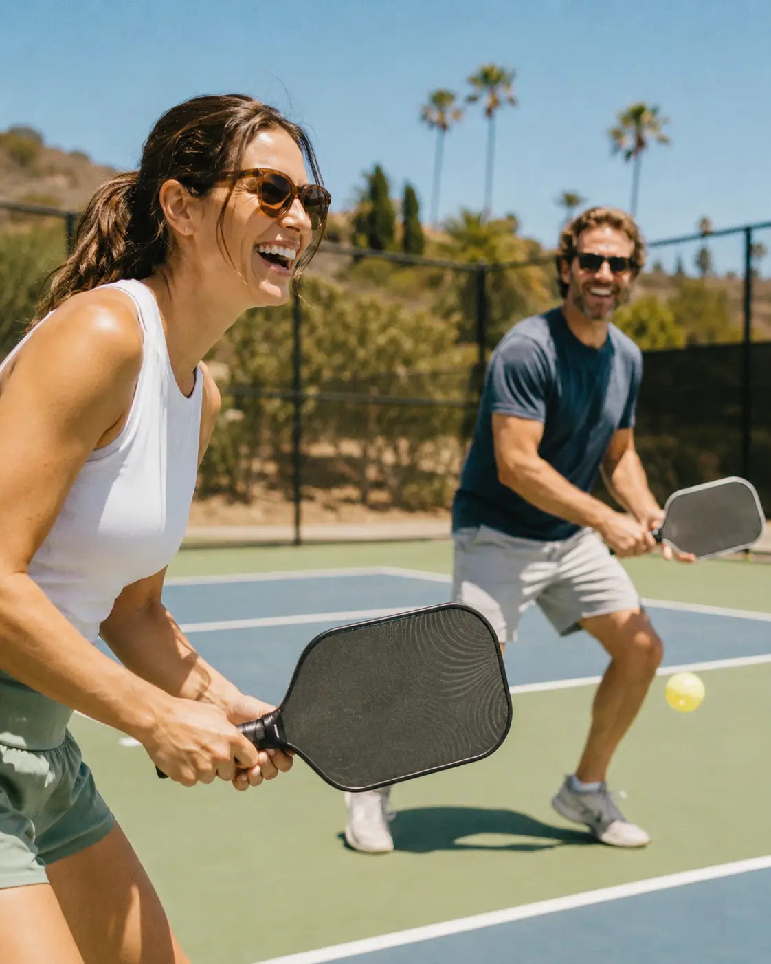 Two people playing pickleball on a sunny California court