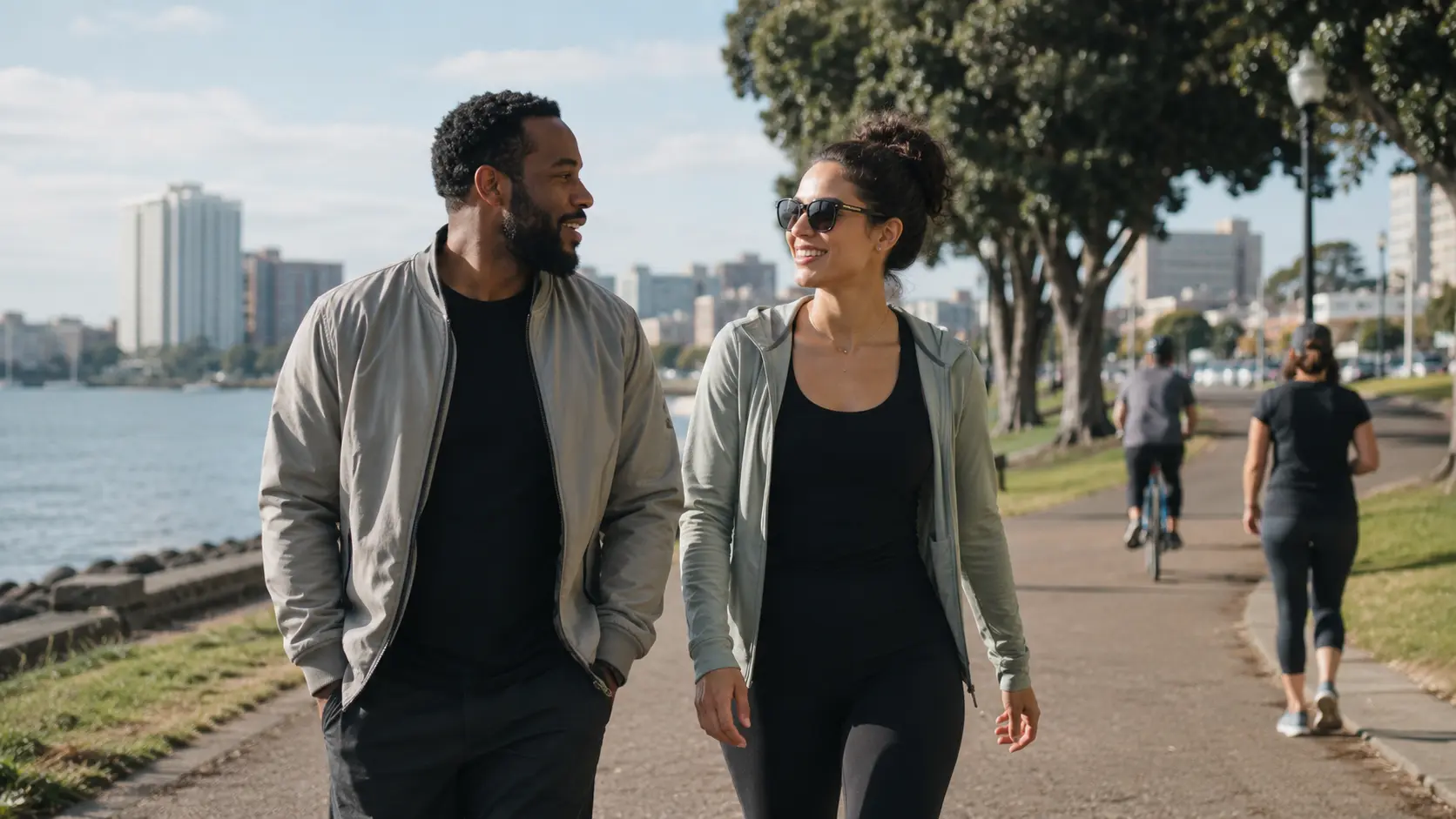 Two people walking together along the Bay Area waterfront